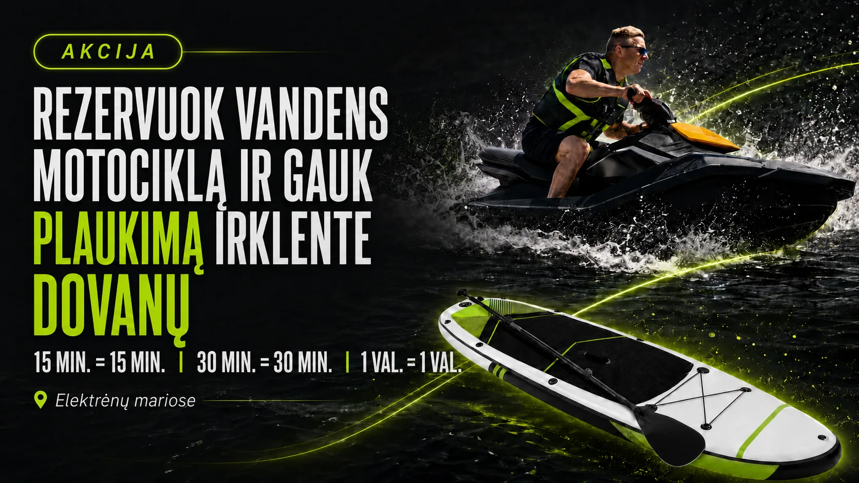 Akcija: rezervuok vandens motociklą ir gauk plaukimą irklente dovanų — 15 min = 15 min, 30 min = 30 min, 1 val = 1 val
